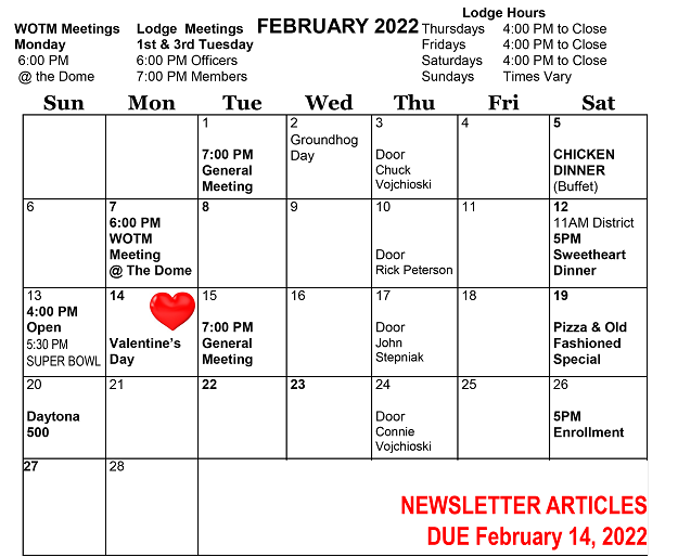 Calendar Of Events Marinette Moose Lodge 2327